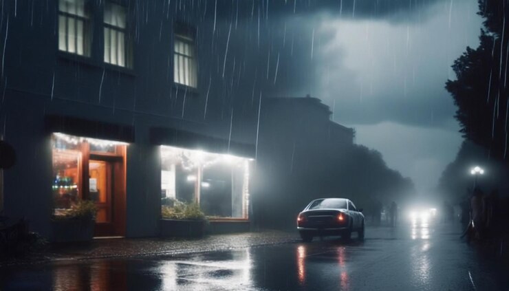 Un coche estacionado frente a una tienda del centro en una noche lluviosa