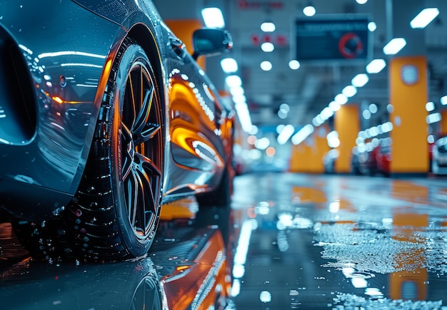 El coche estacionado en el lavado de coches.