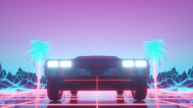 Coche en estilo cyberpunk neón. Unidad de coche retro futurista a través de la ciudad de neón. Representación 3D.