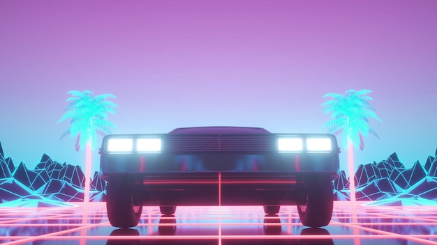 Foto coche en estilo cyberpunk neón. unidad de coche retro futurista a través de la ciudad de neón. representación 3d.