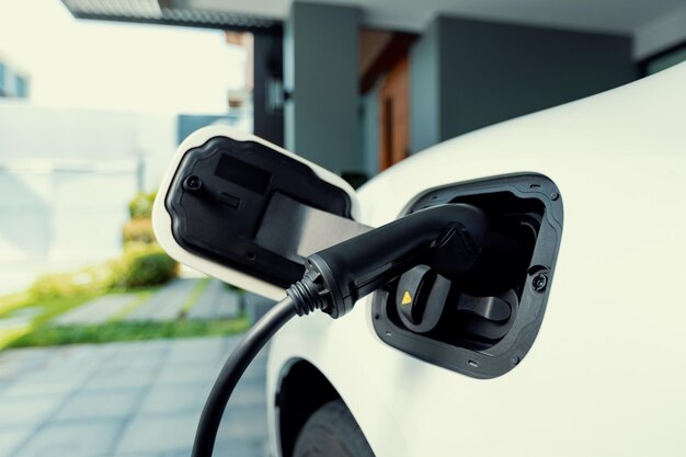 Coche EV enchufado con cable desde la estación de carga doméstica progresiva