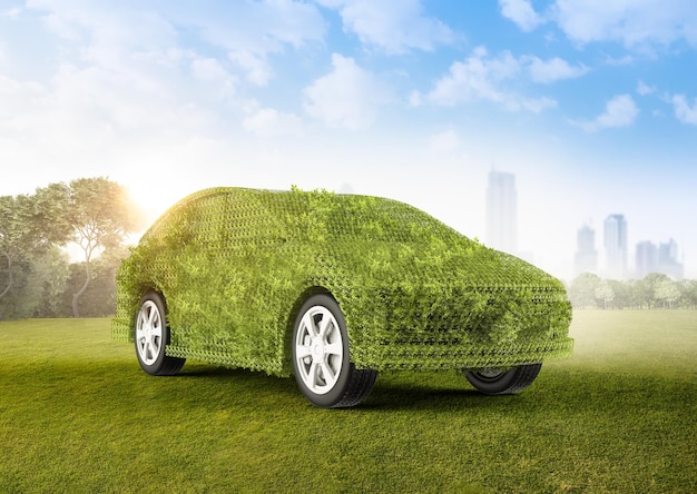 Coche ev verde o vehículo eléctrico de hierba frondosa sobre fondo blanco.