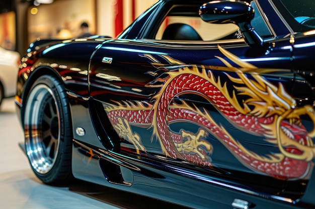 Un coche con un exterior rojo vibrante adornado con un detallado dragón negro pintado en el lado Un coche deportivo exótico con una calcomanía de dragón Generado por IA