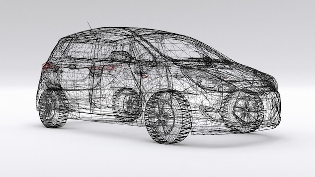 Coche familiar pequeño, diseño de malla. Representación 3D.