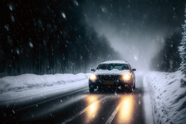 Un coche con los faros encendidos en la nieve.