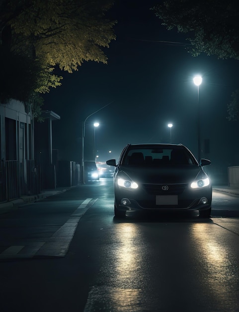 coche con faros encendidos por la noche en la calle