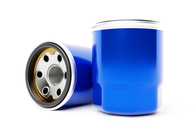 Coche de filtro de combustible azul sobre fondo blanco Ilustración 3d Piezas de reparación de automóviles