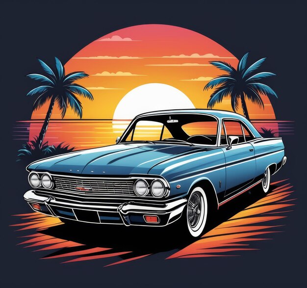 coche frente a un diseño de camiseta vintage de puesta de sol vintage