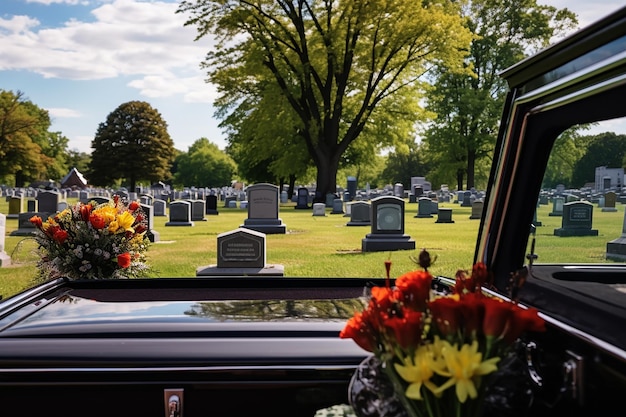 Coche fúnebre negro al borde de un cementerio tranquilo