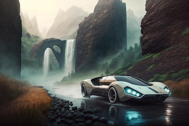 Coche futurista acelera más allá de una cascada en una mañana brumosa