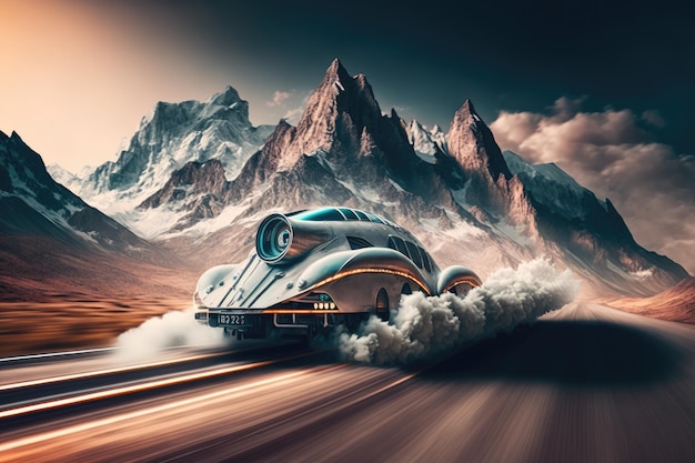 Coche futurista acelerando más allá de la cordillera con los picos al fondo