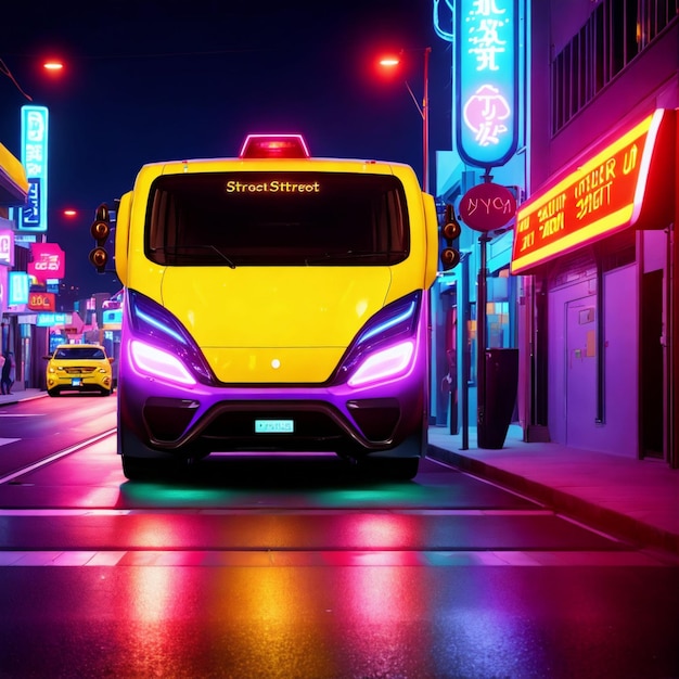 Coche futurista de ciencia ficción en la noche de la ciudad con arte generativo de luces de neón de AI