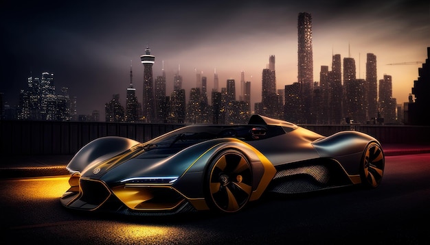 Un coche futurista con una ciudad de fondo.