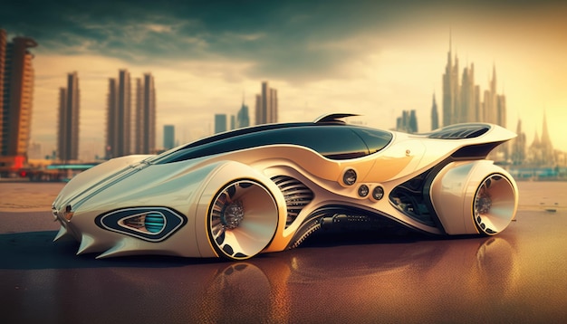 Un coche futurista con una ciudad de fondo.