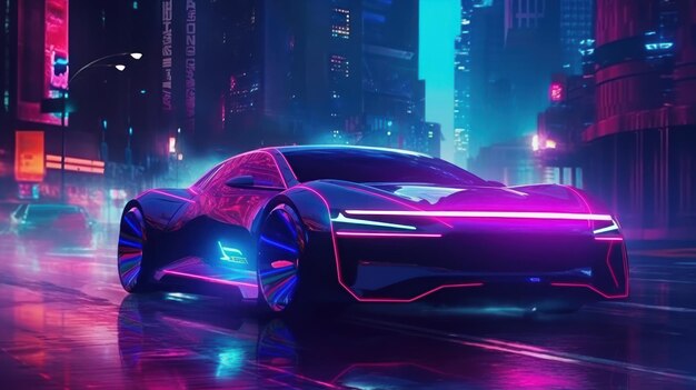 Coche futurista conduce a través de la ciudad de neón en concepto tecnológico