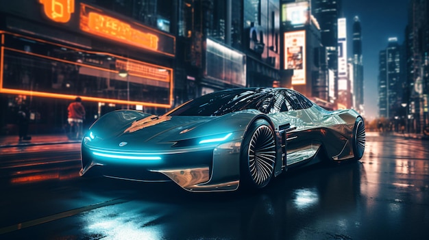 Coche futurista conduciendo por la ciudad de noche