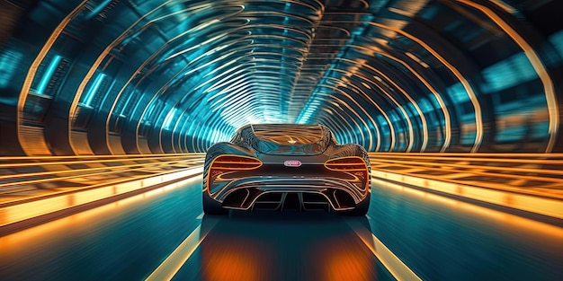 un coche futurista conduciendo a través de un túnel y la luz brillante