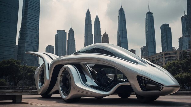 un coche futurista con un diseño futurista está conduciendo delante de un horizonte de la ciudad