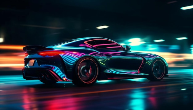 Un coche futurista en una escena nocturna.