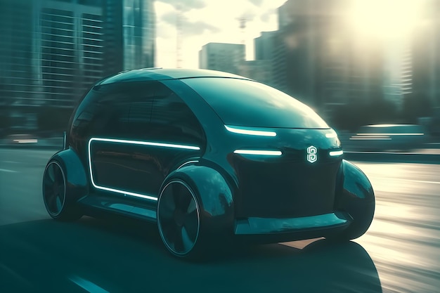 Un coche futurista está en la carretera frente a un paisaje urbano Generativo ai