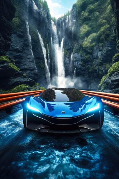 Foto el coche futurista se fusiona con la tecnología de mezcla de cascadas y la naturaleza ia generativa