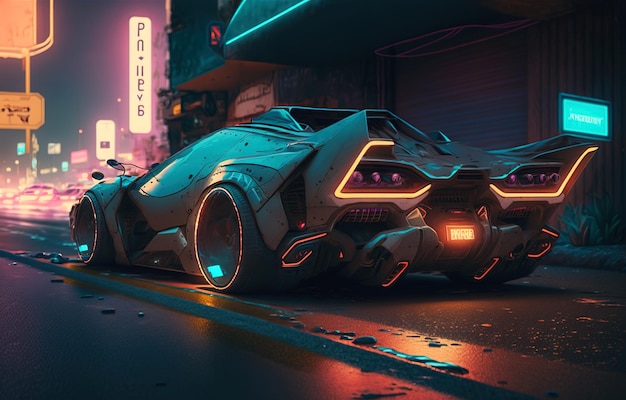 Coche futurista con luces de neón que brillan intensamente en la ciudad cibernética deportes cyberpunk auto generativo AI
