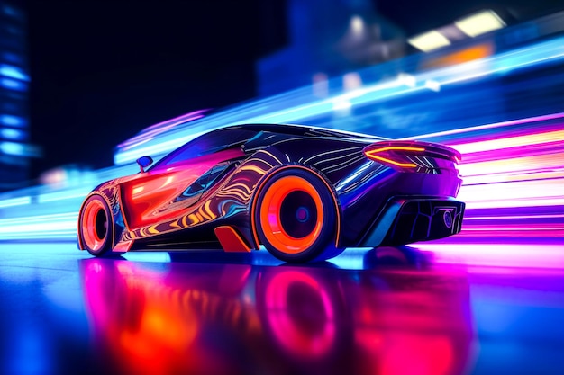 Un coche futurista con luces de neón.