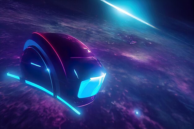 un coche futurista con una luz azul y un planeta en el fondo