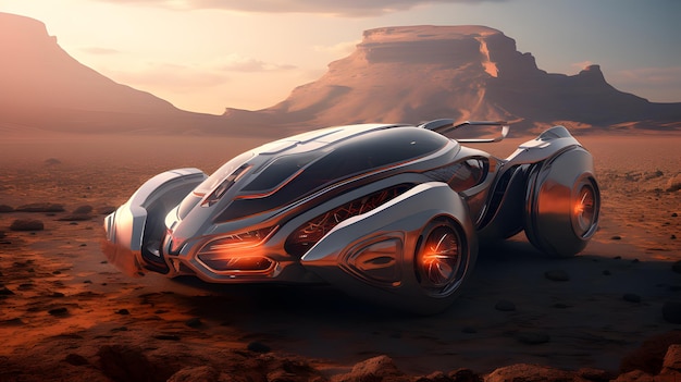 Coche futurista en otro planeta fondo de paisaje IA generativa