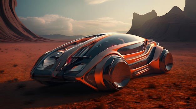 Coche futurista en otro planeta fondo de paisaje IA generativa