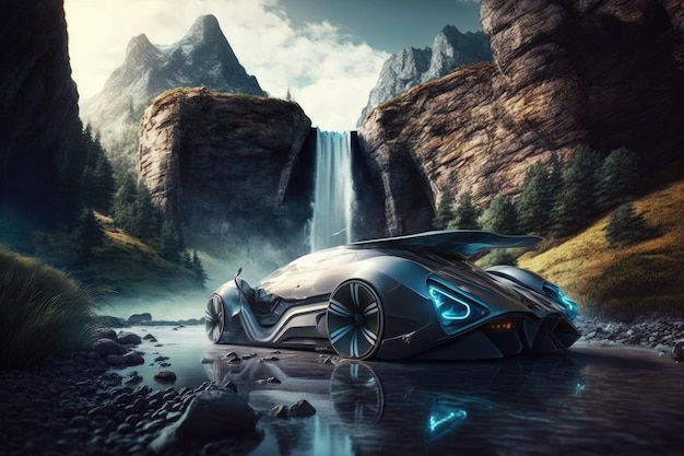 Coche futurista pasando a toda velocidad por una cascada en las montañas