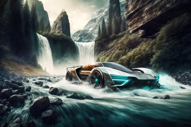 Coche futurista que pasa a toda velocidad por un río caudaloso con las cascadas al fondo