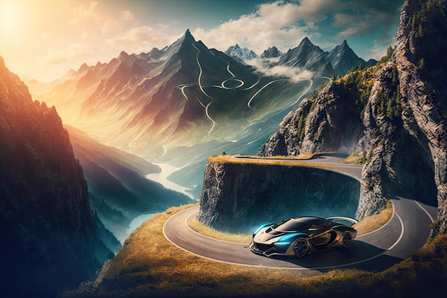 Coche futurista a toda velocidad a lo largo de una sinuosa carretera de montaña con impresionantes vistas del valle de abajo