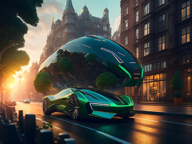 Un coche futurista verde está en la carretera de nueva york.