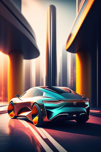 El coche del futuro en el fondo de una calle de ciudad futurista