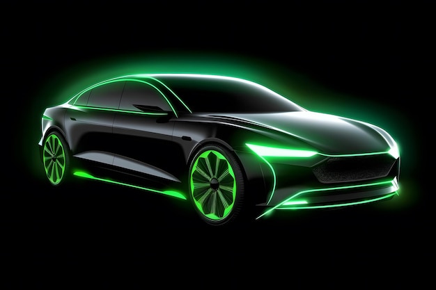 Coche del futuro holograma neón sobre un fondo negro Red neuronal IA generada