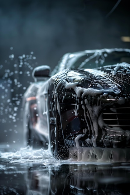 Foto un coche con gotas de agua en él y un fondo negro