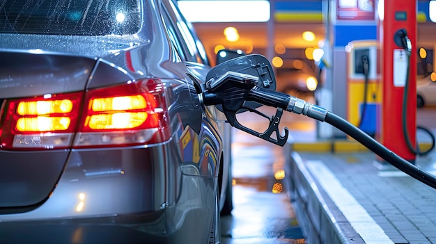 El coche gris en la gasolinera se llena de combustible