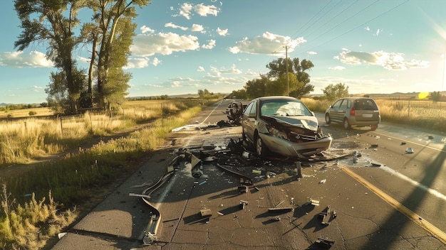 Foto un coche ha chocado contra otro coche en el costado de la carretera creando una escena caótica con escombros esparcidos por todas partes