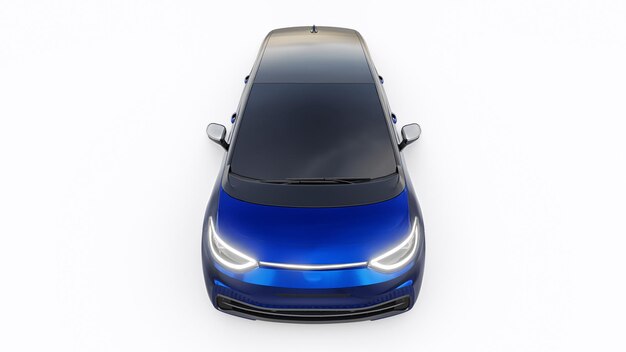 Coche hatchback urbano eléctrico azul oscuro de nueva generación con ilustración 3d de autonomía extendida