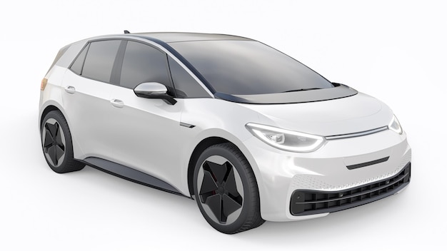 Coche hatchback urbano eléctrico blanco de nueva generación con ilustración 3d de autonomía extendida