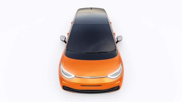 Coche hatchback urbano eléctrico naranja de nueva generación con ilustración 3d de autonomía extendida