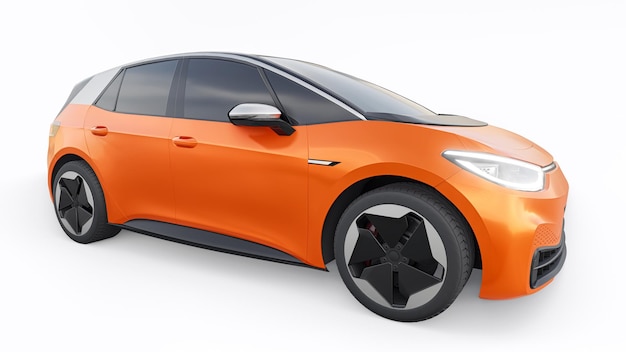 Coche hatchback urbano eléctrico naranja de nueva generación con ilustración 3d de autonomía extendida