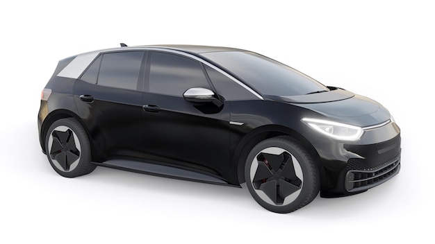 Coche hatchback urbano eléctrico negro de nueva generación con ilustración 3d de autonomía extendida