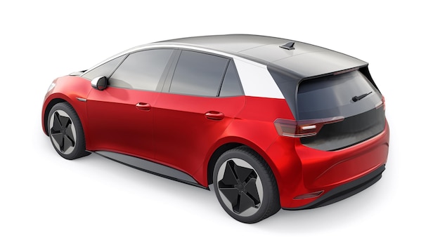 Coche hatchback urbano eléctrico rojo de nueva generación con ilustración 3d de autonomía extendida