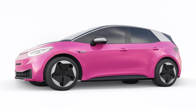 Coche hatchback urbano eléctrico rosa oscuro de nueva generación con ilustración 3d de autonomía extendida