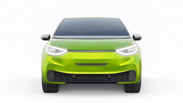 Coche hatchback urbano eléctrico verde de nueva generación con ilustración 3d de autonomía extendida