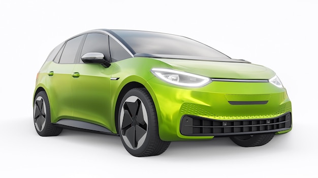 Coche hatchback urbano eléctrico verde de nueva generación con ilustración 3d de autonomía extendida