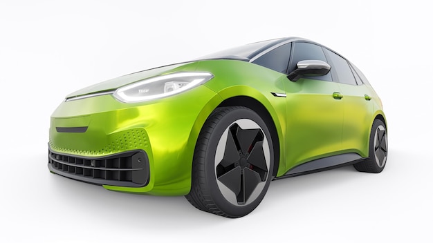 Coche hatchback urbano eléctrico verde de nueva generación con ilustración 3d de autonomía extendida