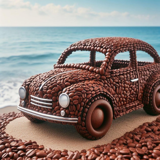 Foto el coche está hecho de granos de café en la orilla del mar coche lindo creativo